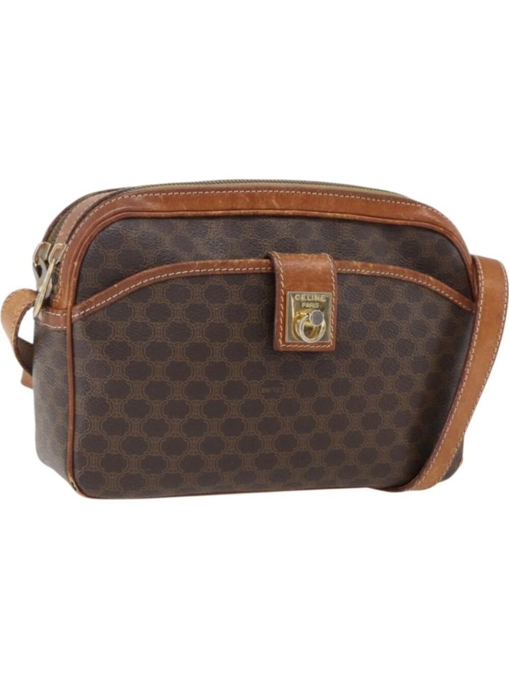 CELINE Macadam Canvas Shoulder Bag PVC Leather Brown Gold